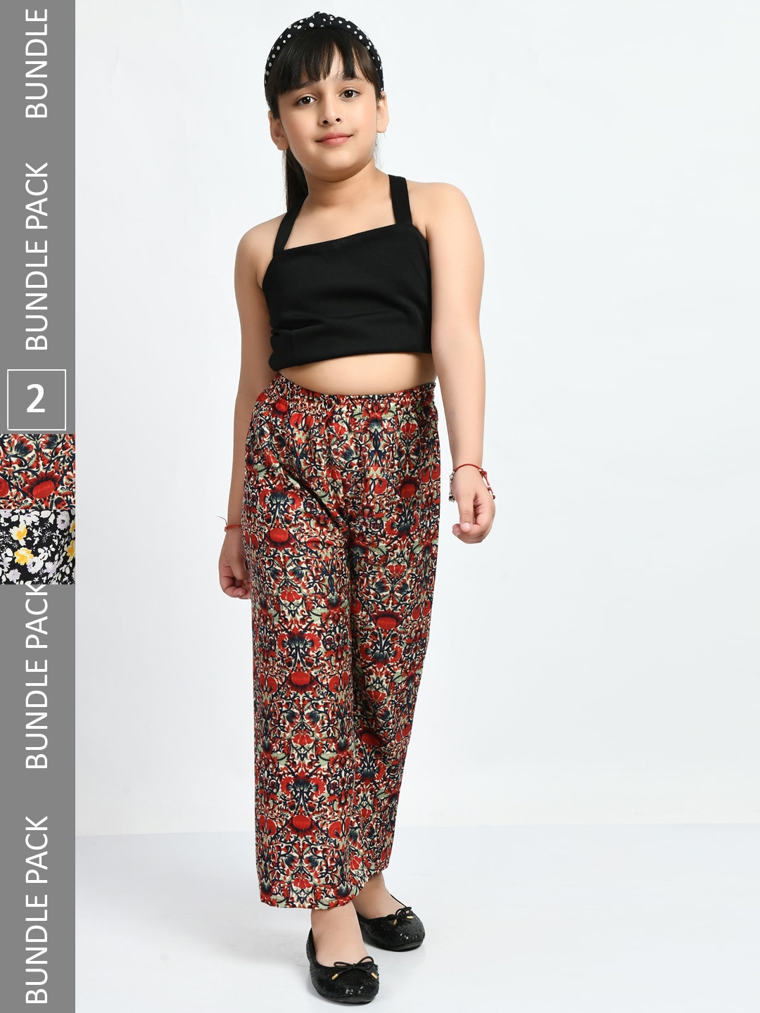 

IndiWeaves Girls Pack Of 2 Floral Printed Knitted Crepe Palazzos, Red