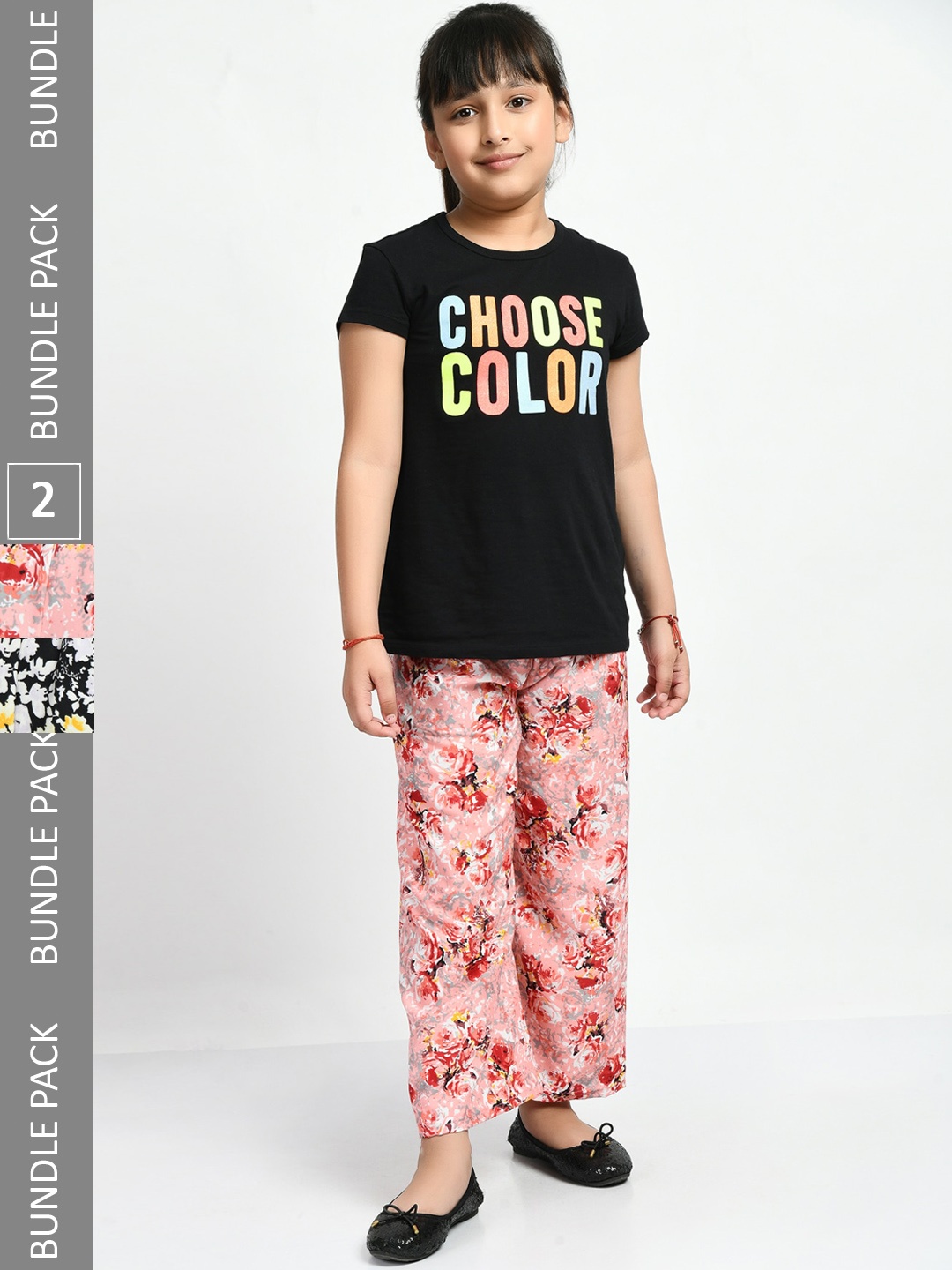 

IndiWeaves Girls Pack Of 2 Floral Printed Knitted Crepe Palazzos, Peach