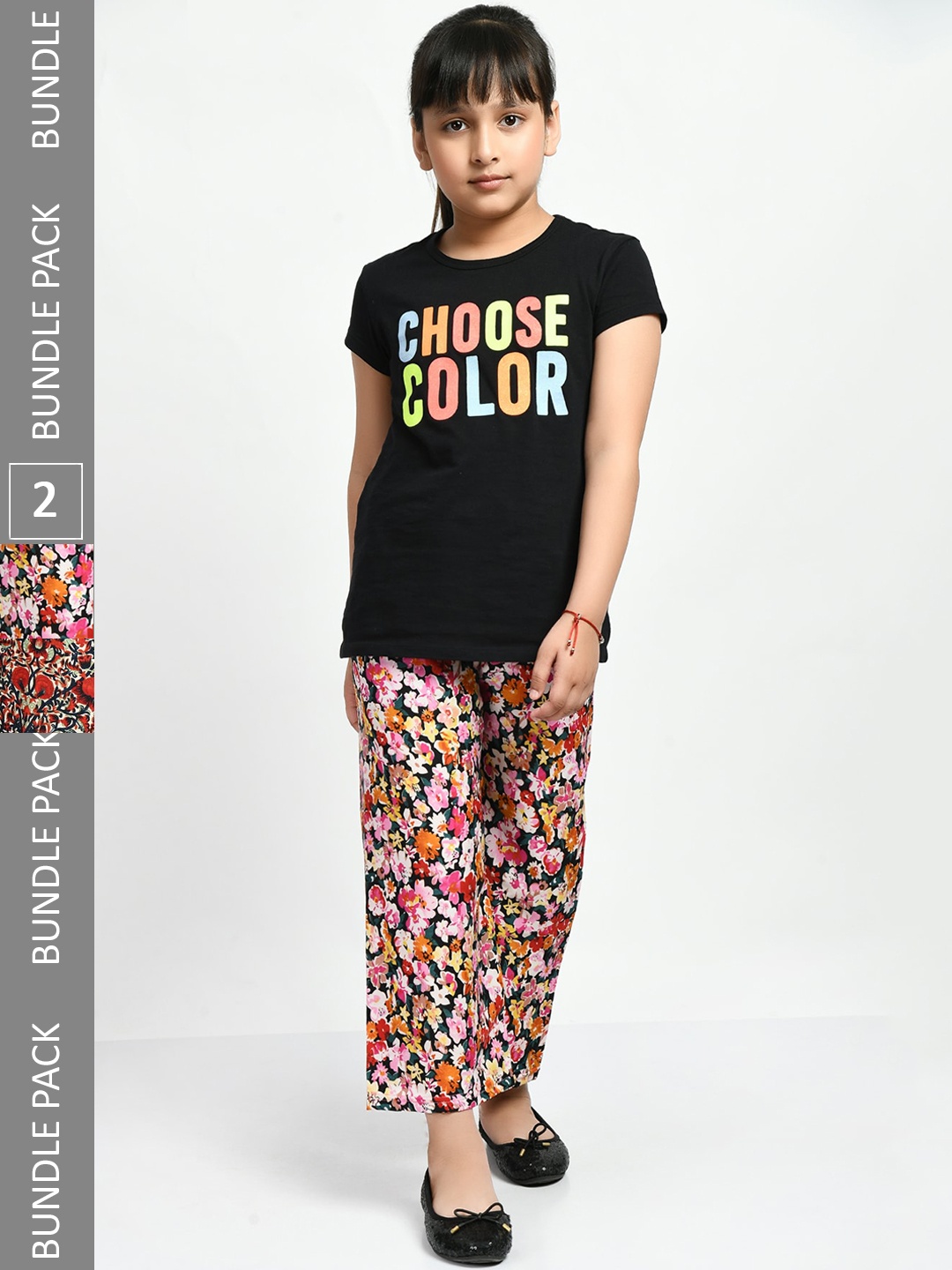 

IndiWeaves Girls Pack Of 2 Floral Printed Knitted Crepe Palazzos, Black
