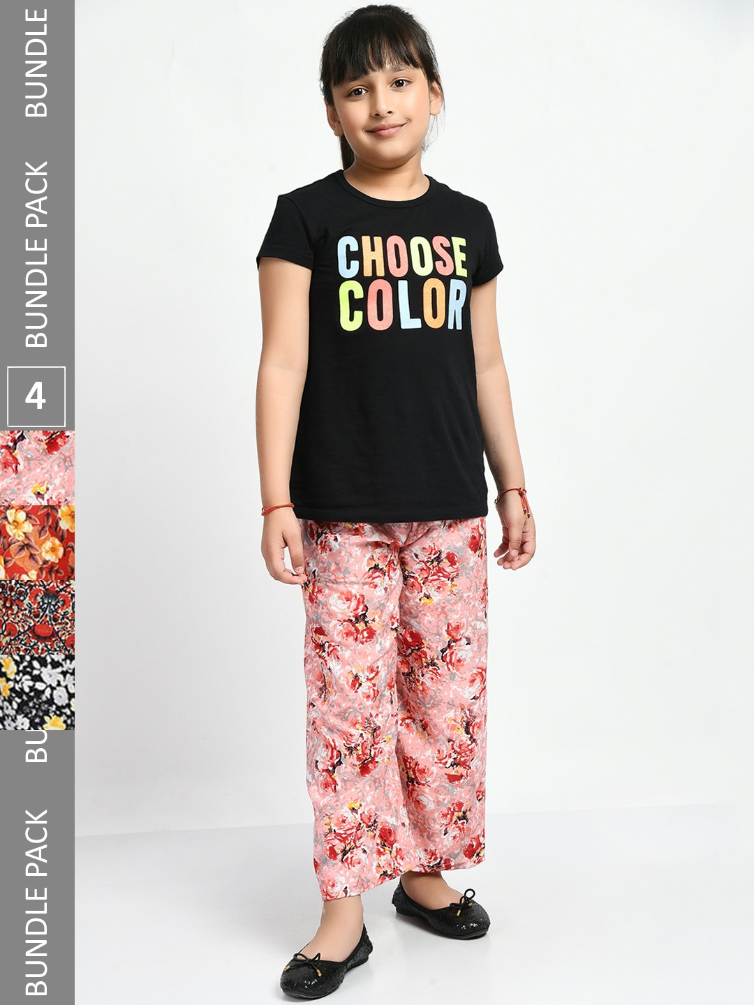 

IndiWeaves Girls Pack Of 4 Floral Printed Knitted Crepe Palazzos, Peach