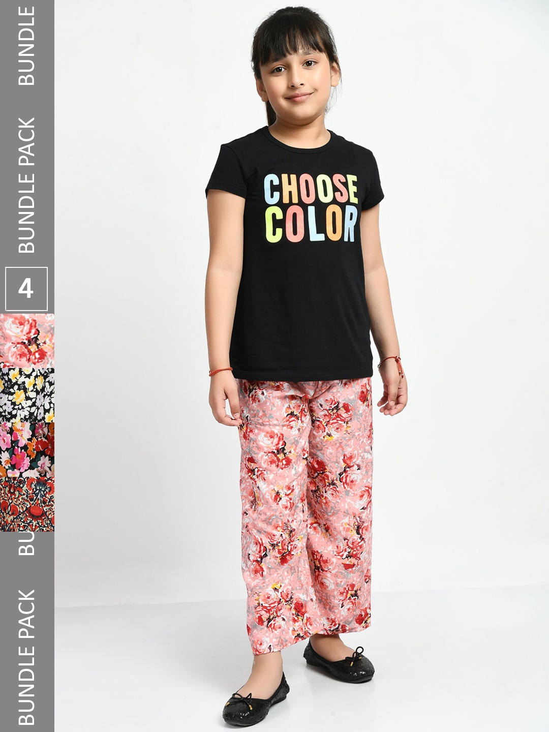 

IndiWeaves Girls Pack Of 4 Floral Printed Knitted Crepe Palazzos, Black