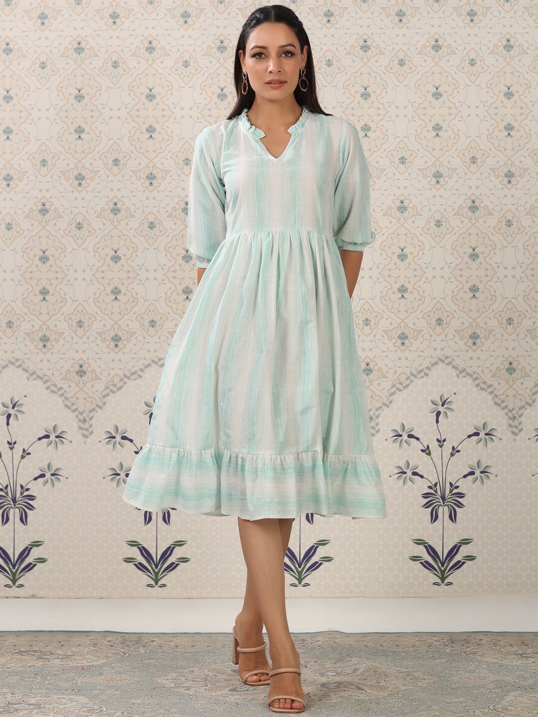 

Ode by House of Pataudi Green & White Striped Cotton A-Line Dress