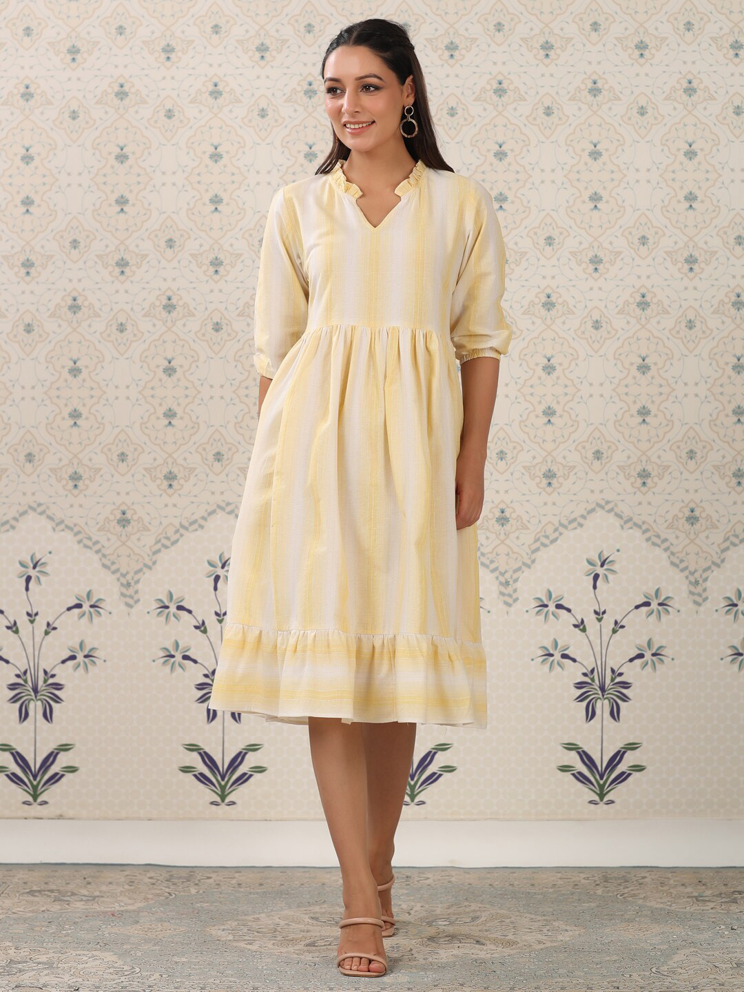 

Ode by House of Pataudi Yellow & White Striped Cotton A-Line Dress