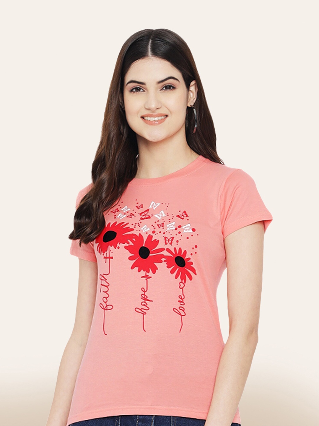 

BAESD Floral Printed Cotton T-shirt, Peach