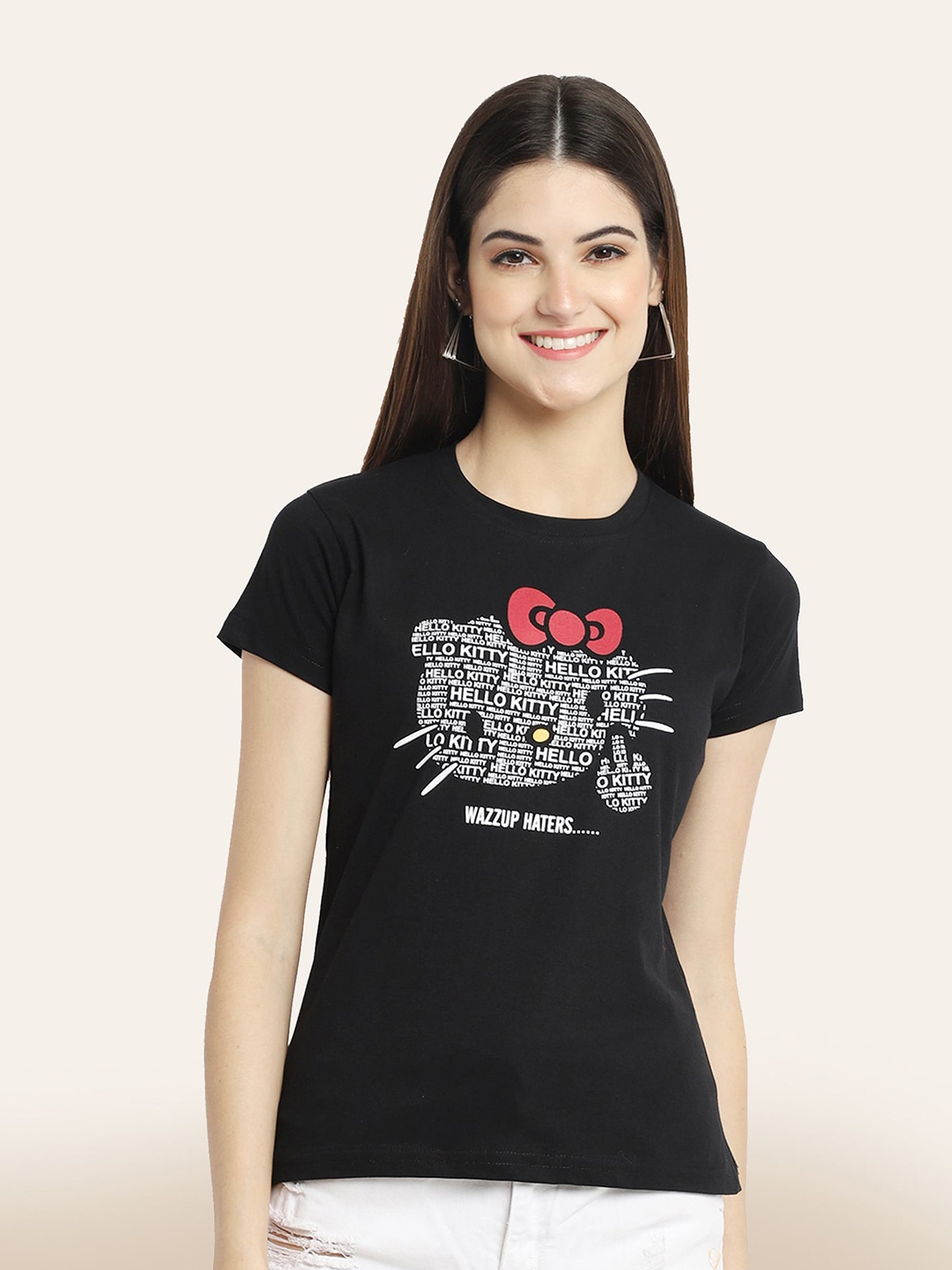 

BAESD Typography Hello Kitty Printed Cotton T-Shirt, Black