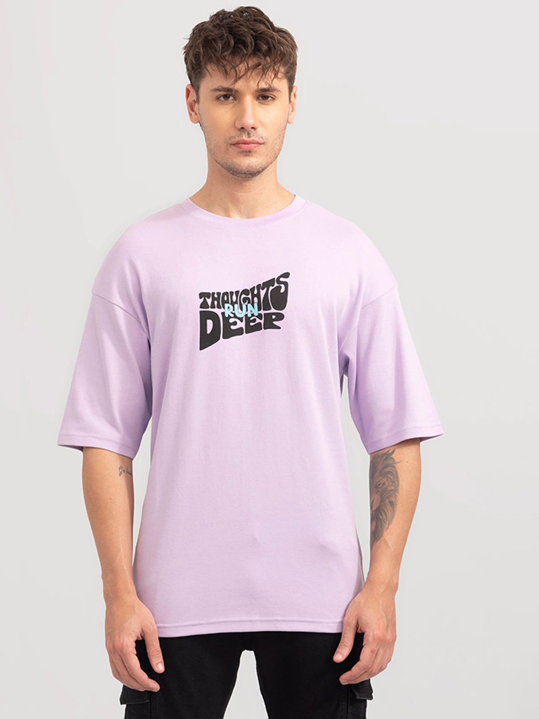 

Snitch Lavender Typography Printed Loose Cotton T-shirt