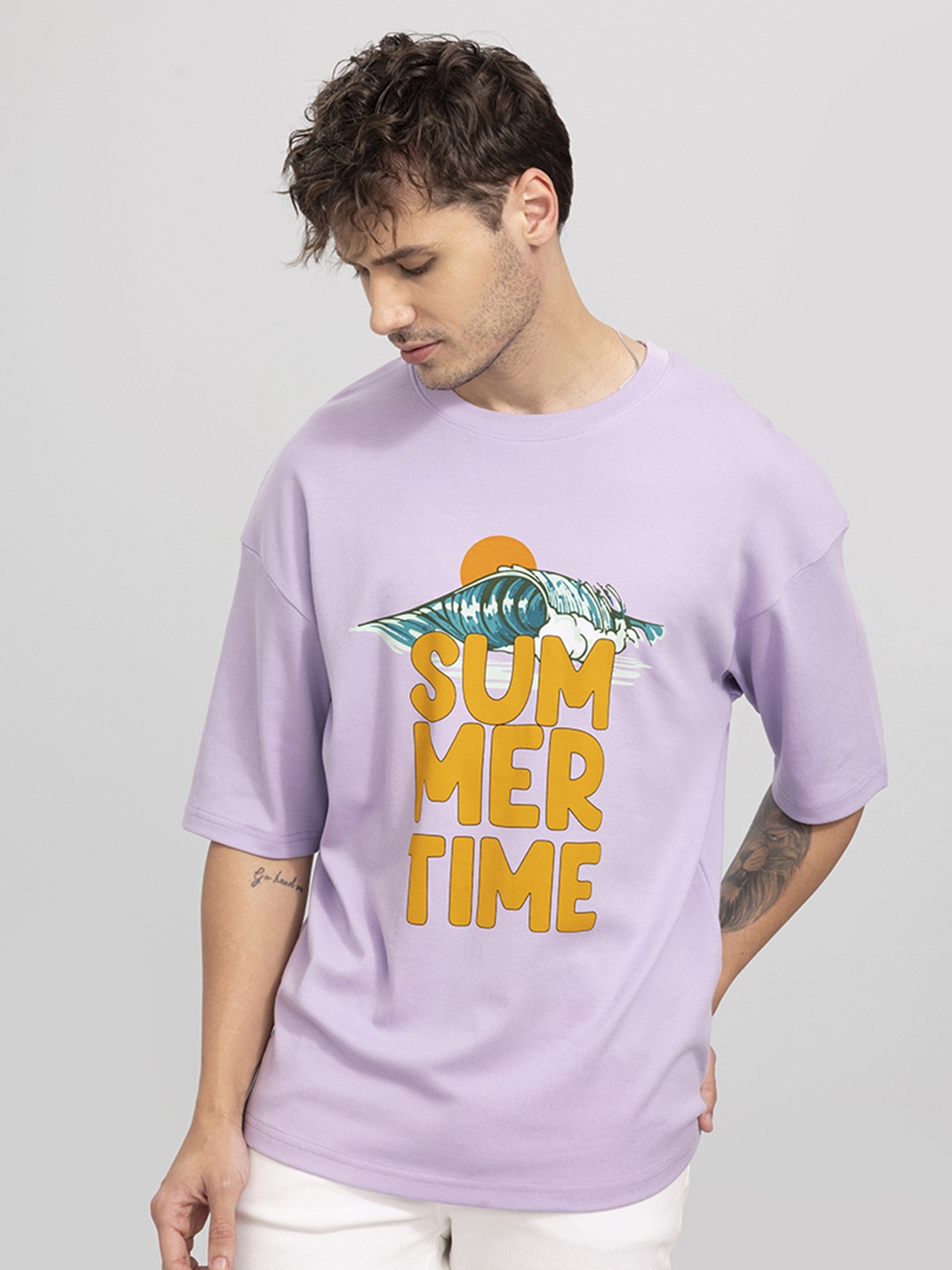 

Snitch Lavender Typography Printed Loose Fit Cotton T-shirt