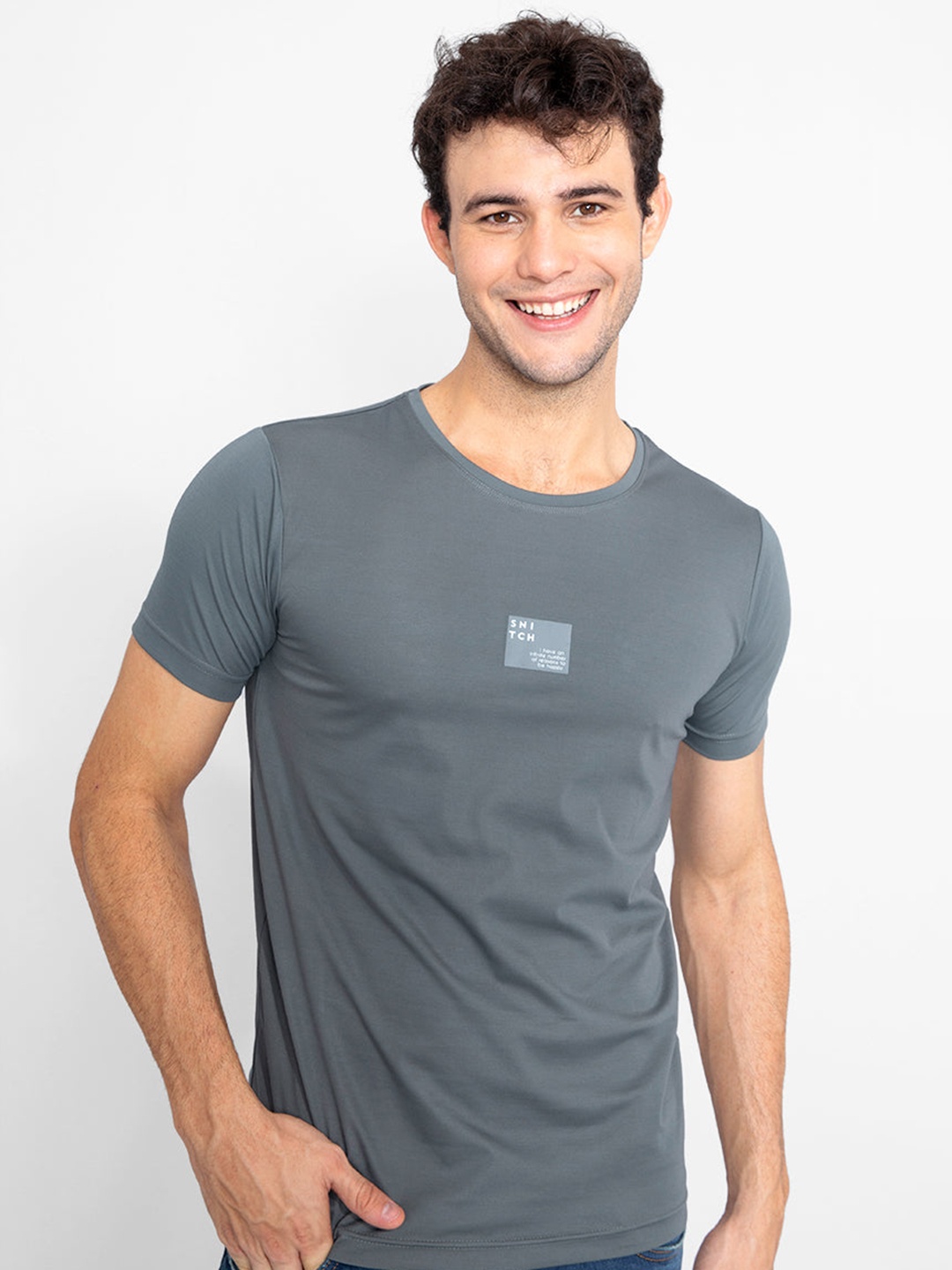 

Snitch Grey Typography Round Neck Cotton T-shirt