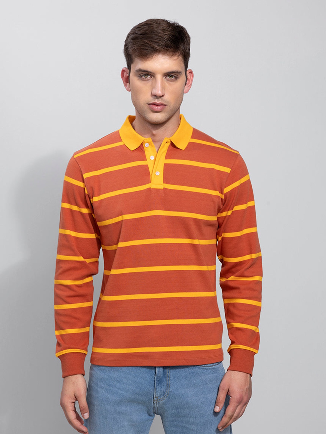 

Snitch Orange & Yellow Horizontal Striped Polo Collar Cotton T-shirt