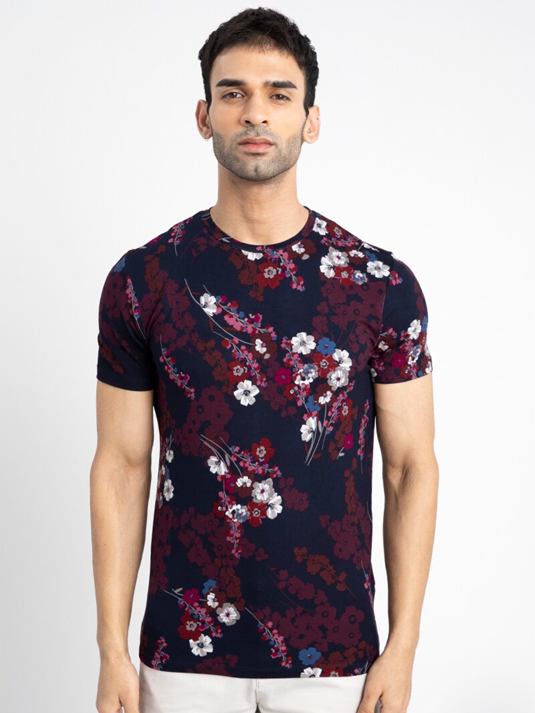

Snitch Floral Printed Cotton T-shirt, Navy blue