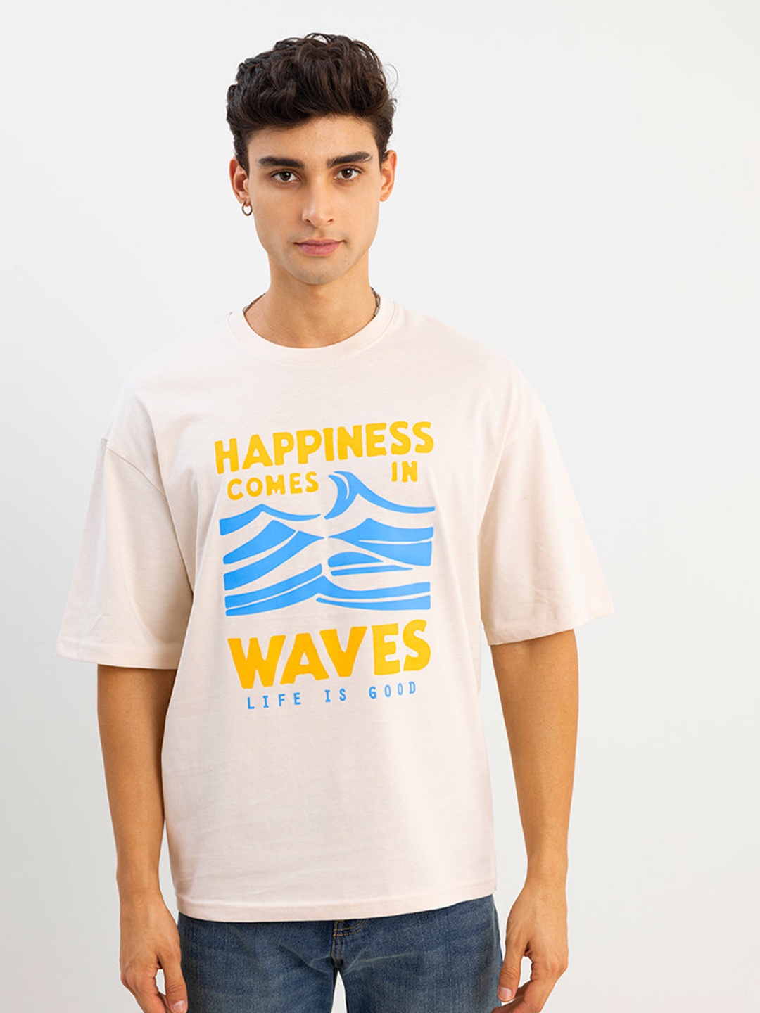 

Snitch Cream-Coloured Typography Printed Loose Cotton T-shirt