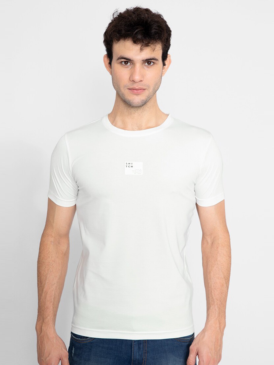 

Snitch White Round Neck Cotton T-shirt