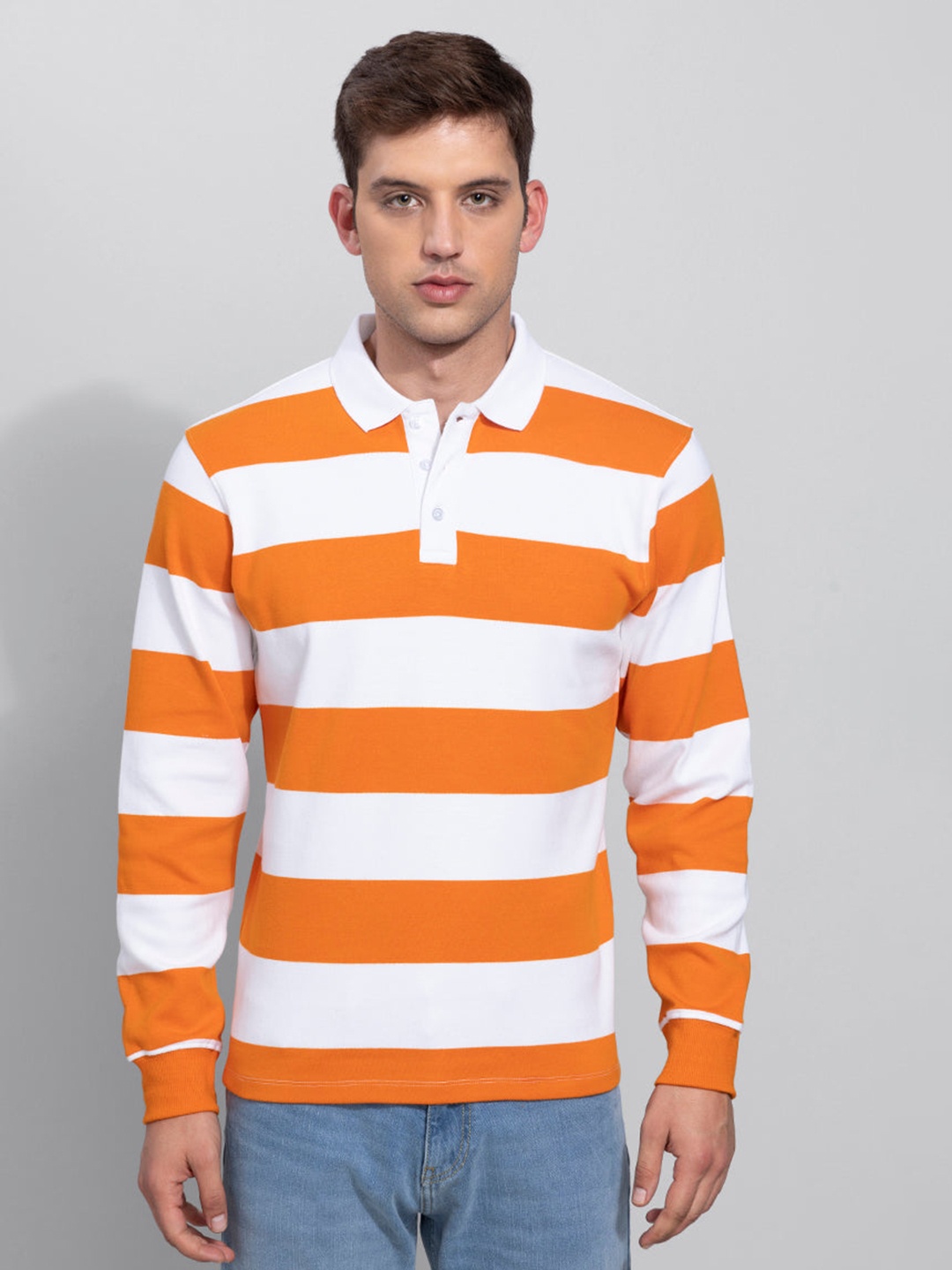 

Snitch White & Orange Striped Long Sleeve Cotton Polo T-shirt