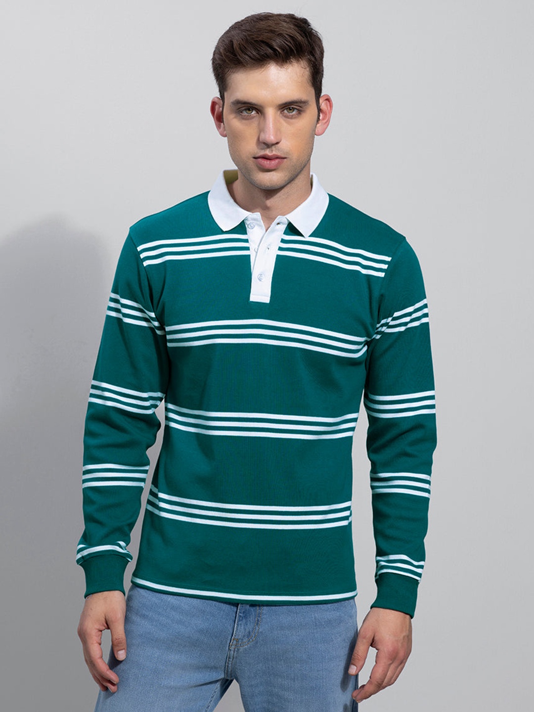 

Snitch Green & White Horizontal Striped Polo Collar Cotton T-shirt