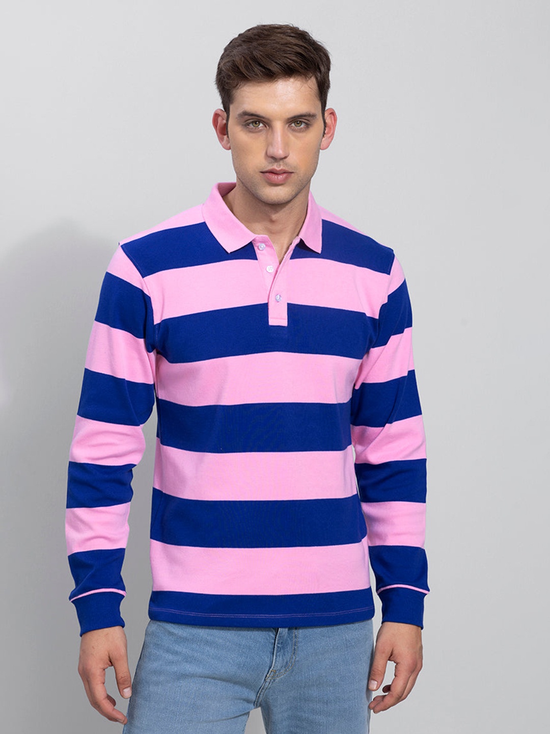 

Snitch Pink & Blue Striped Polo Collar Cotton T-shirt