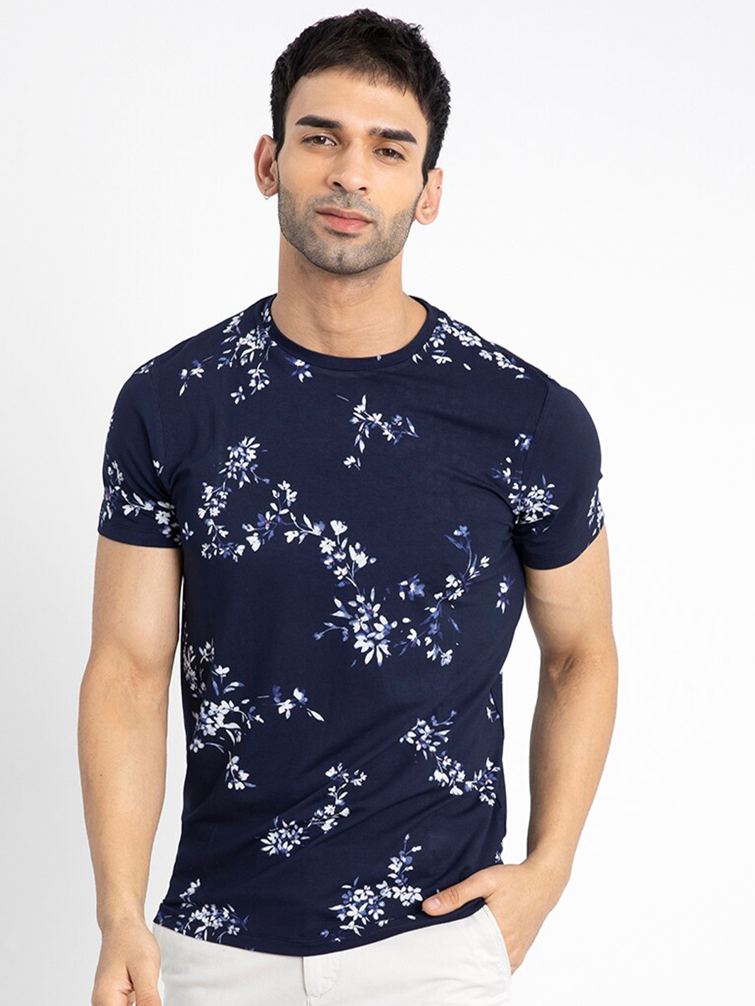 

Snitch Navy Blue Floral Printed Cotton T-shirt