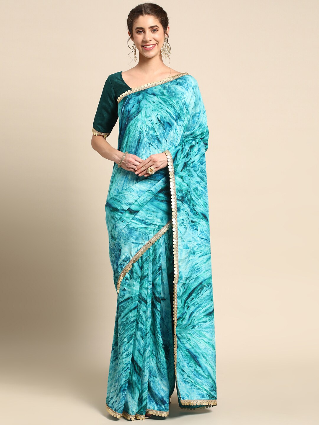 

all about you Turquoise Blue & Gold-Toned Tie and Dye Satin Saree