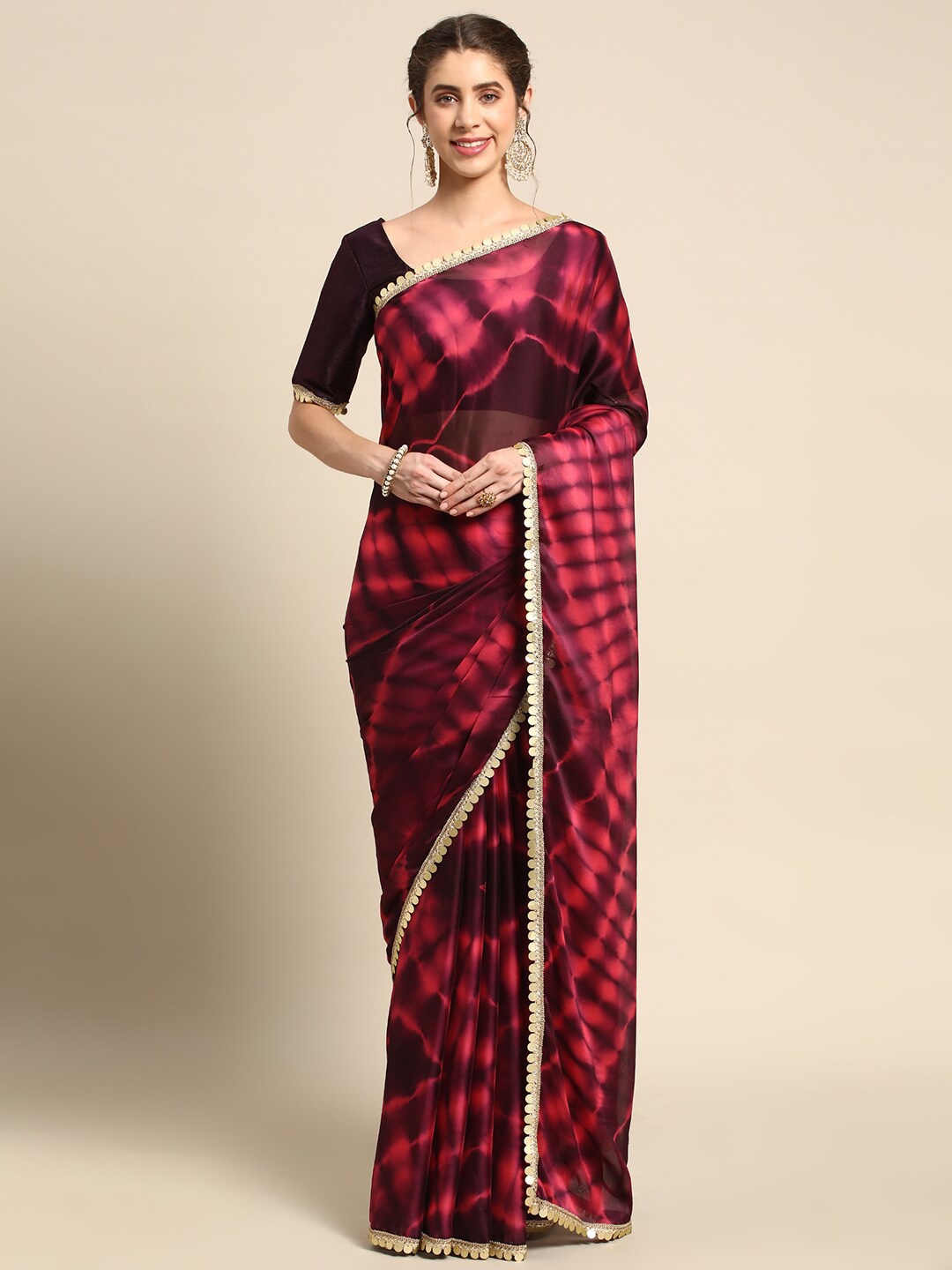 

all about you Brown & Red Tie and Dye Satin Saree