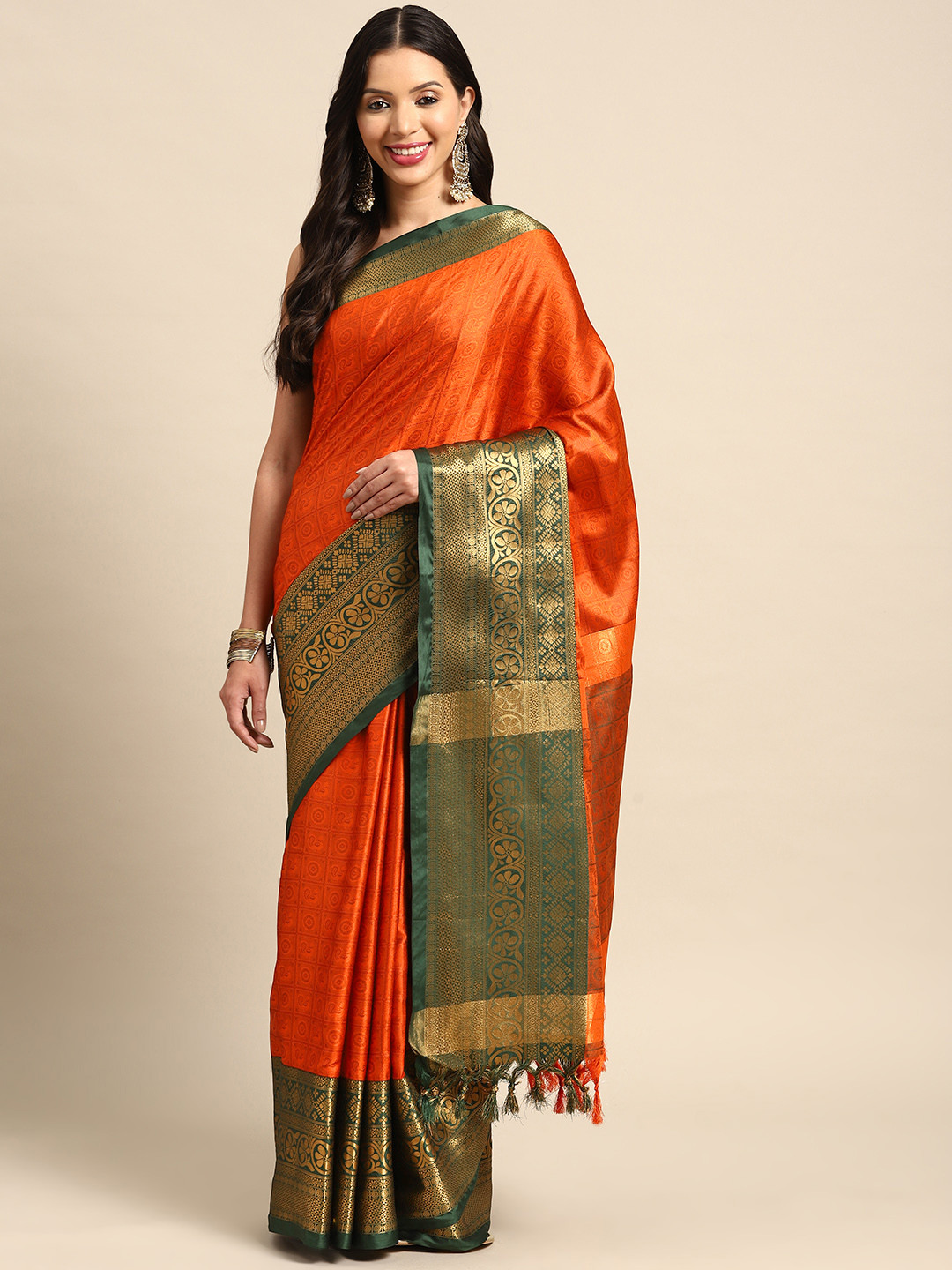

HERE&NOW Ethnic Motifs Zari Art Silk Banarasi Saree, Orange