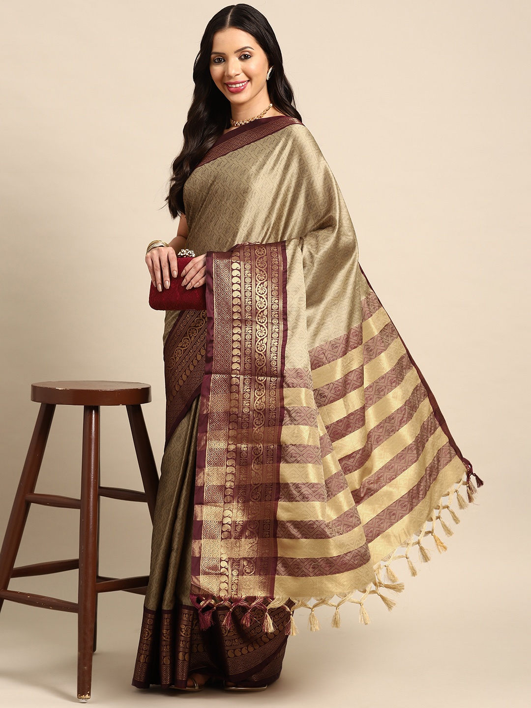 

HERE&NOW Ethnic Motifs Zari Art Silk Banarasi Saree, Beige