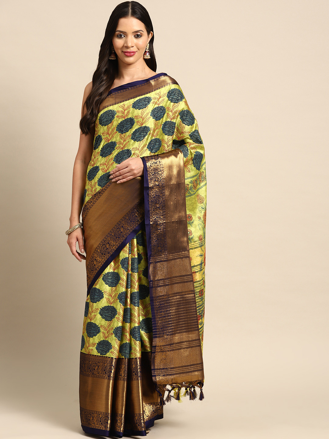 

HERE&NOW Ethnic Motifs Zari Pure Silk Banarasi Saree, Lime green