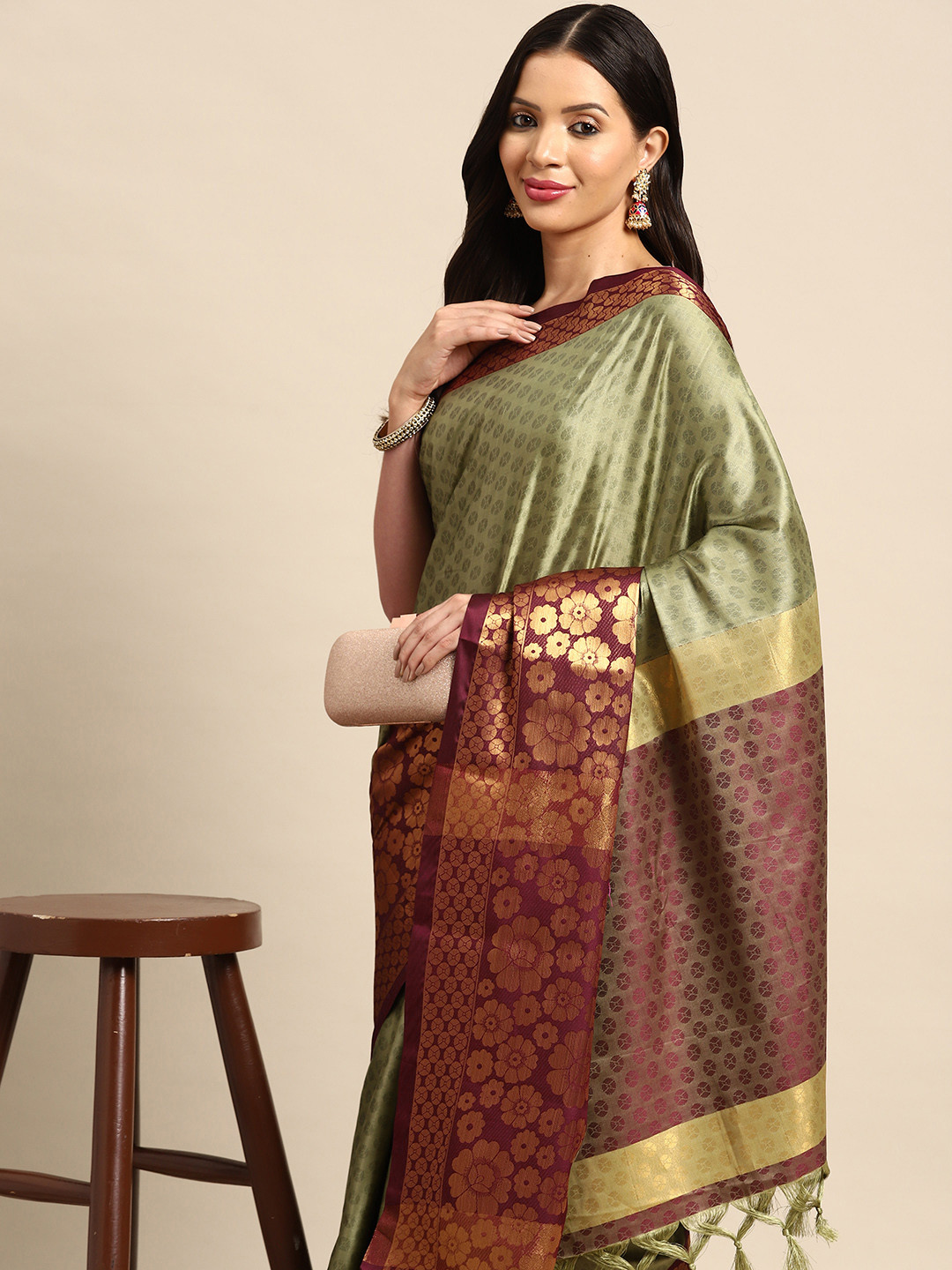 

HERE&NOW Ethnic Motifs Zari Pure Silk Banarasi Saree, Green