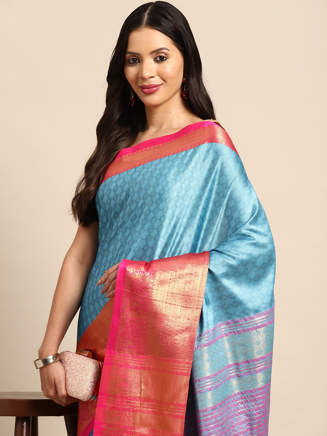

HERE&NOW Zari Pure Silk Banarasi Saree, Turquoise blue