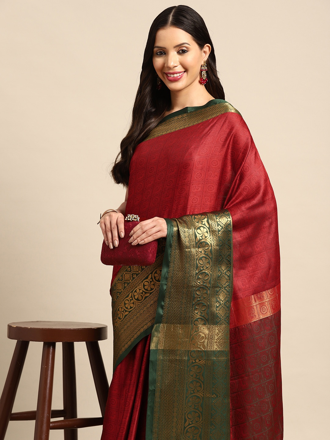

HERE&NOW Ethnic Motifs Zari Pure Silk Banarasi Saree, Red