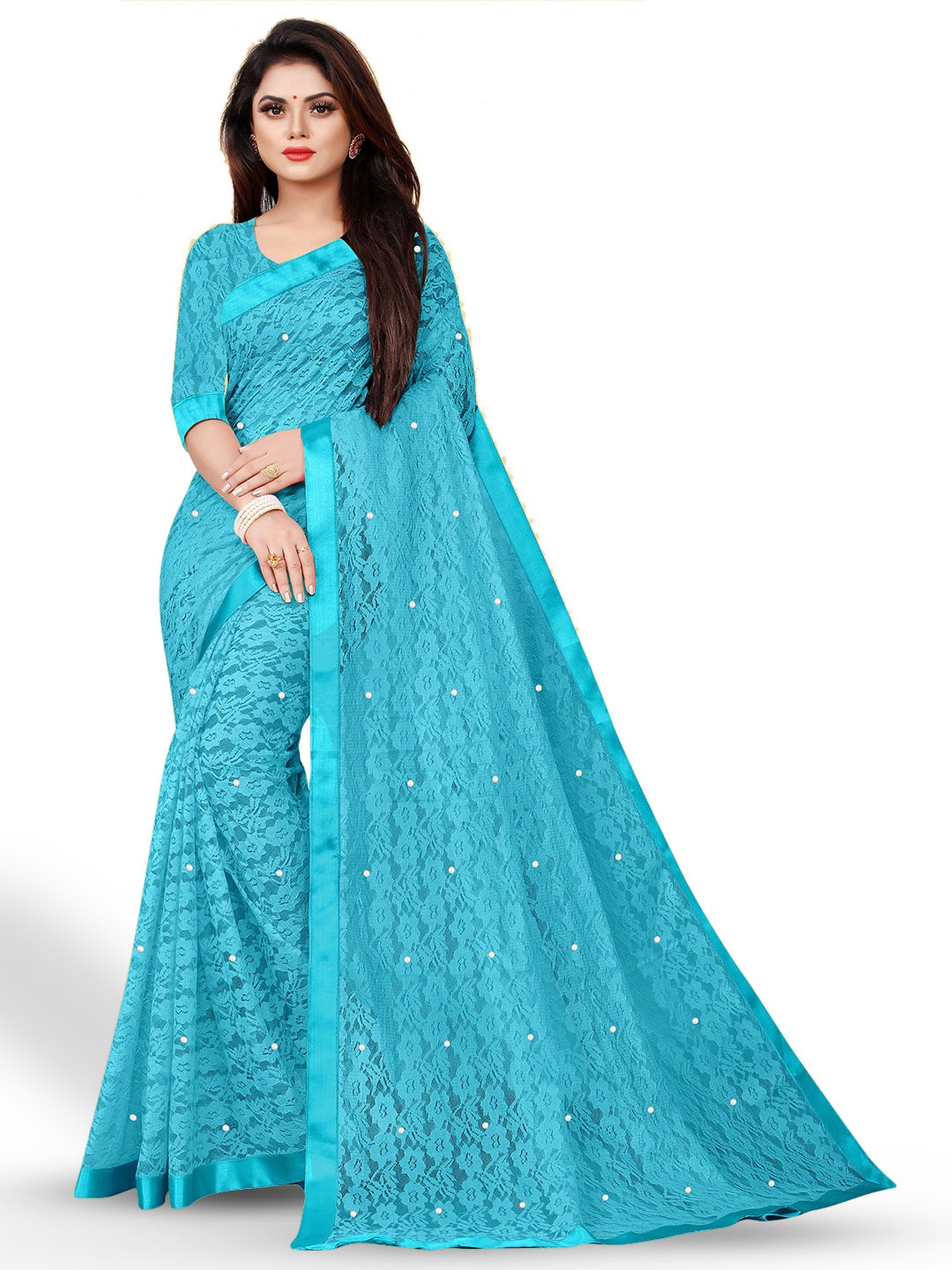 

UNITED LIBERTY Floral Beads And Stones Woven Design Saree, Turquoise blue