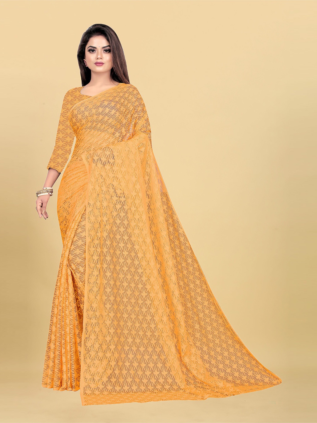 

UNITED LIBERTY Floral Woven Design Brasso Saree, Orange