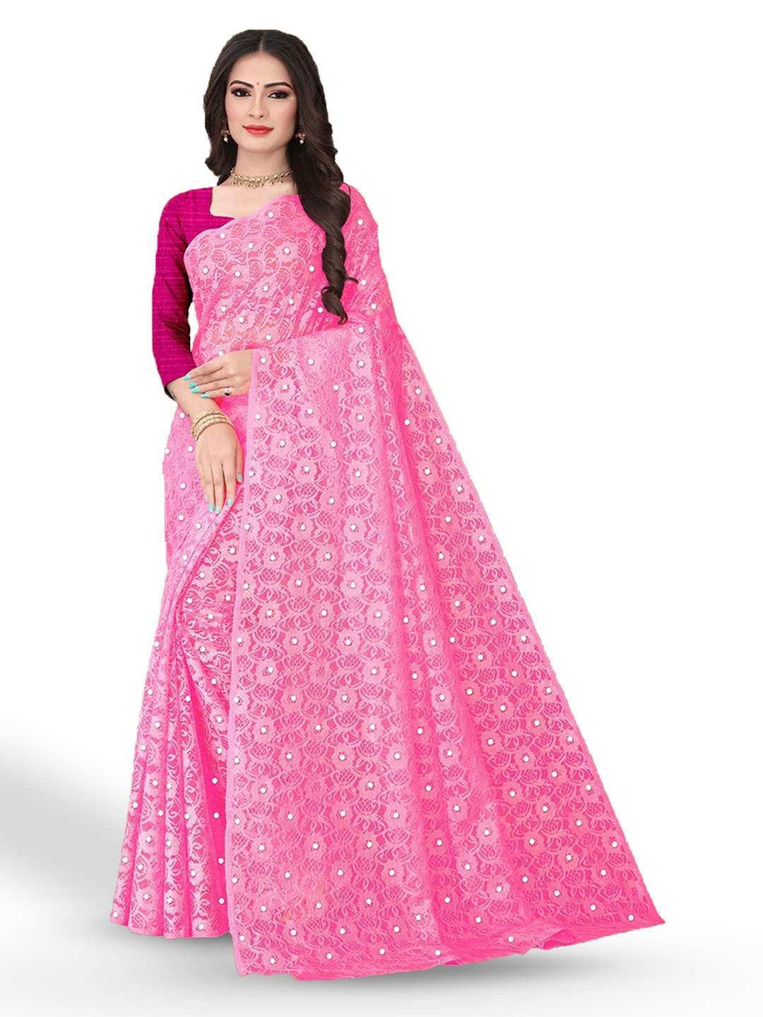 

UNITED LIBERTY Floral Beads And Stones Woven Design Saree, Pink