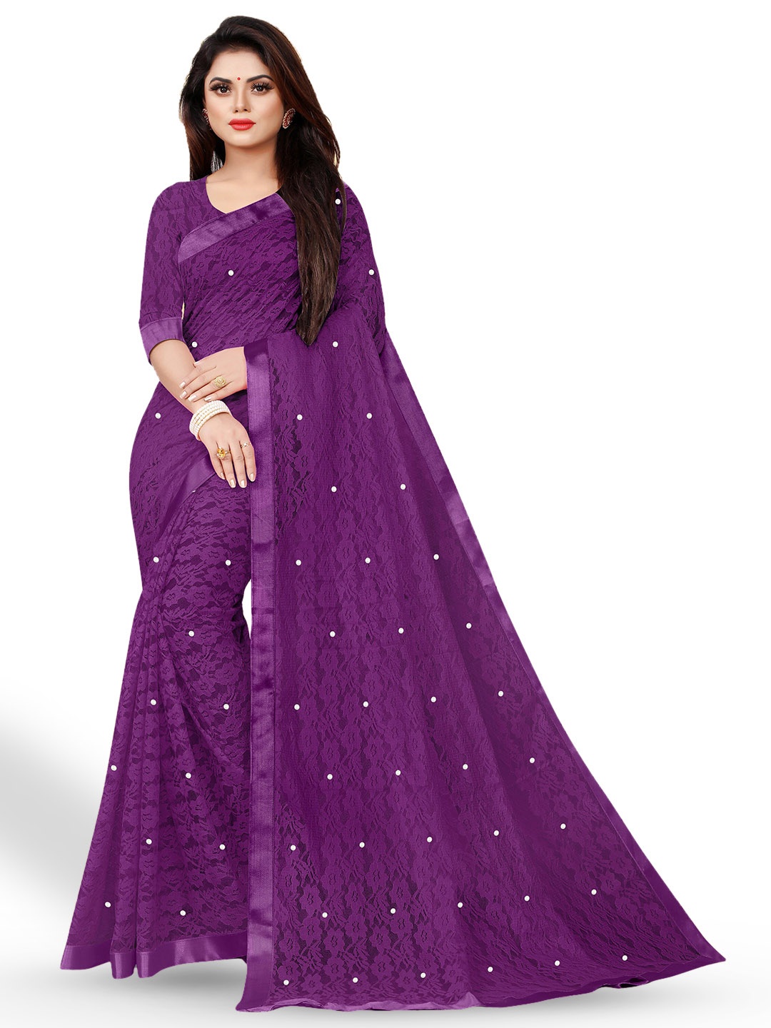 

UNITED LIBERTY Floral Beads And Stones Woven Design Saree, Purple