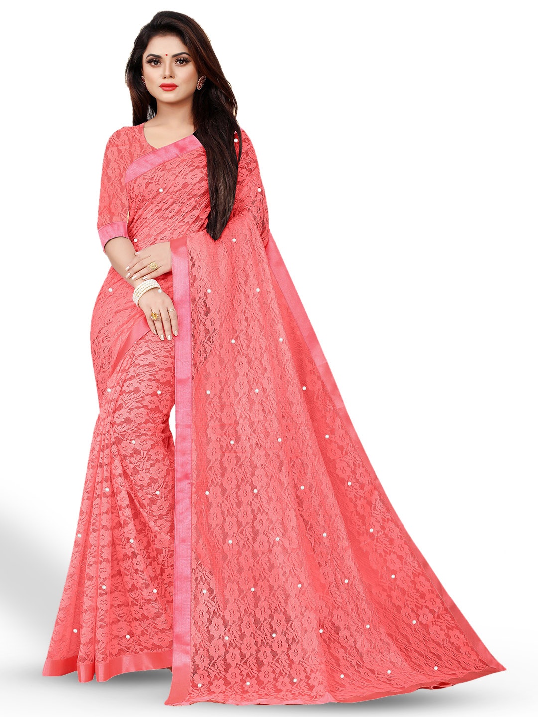 

UNITED LIBERTY Floral Woven Design Beads & Stones Brasso Saree, Peach