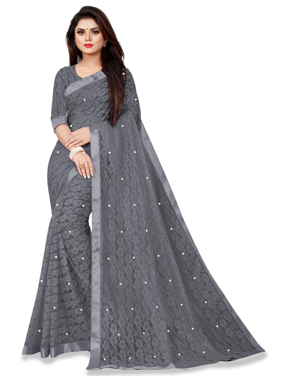 

UNITED LIBERTY Floral Beads And Stones Woven Design Saree, Grey
