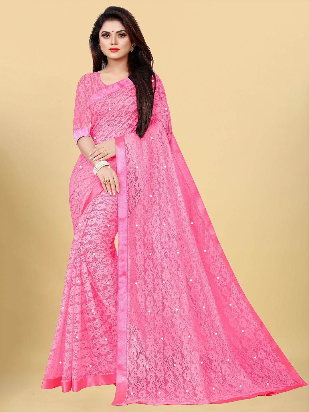 

UNITED LIBERTY Floral Beads And Stones Woven Design Saree, Pink