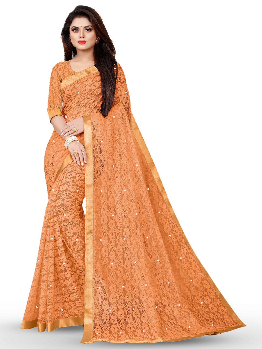 

UNITED LIBERTY Floral Beads And Stones Woven Design Saree, Orange