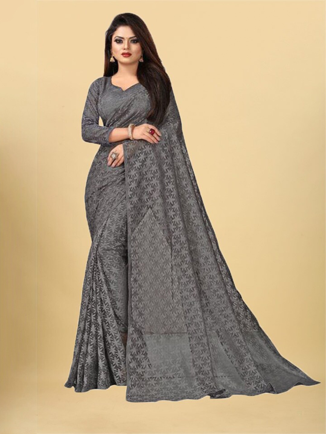 

UNITED LIBERTY Floral Woven Design Saree, Grey