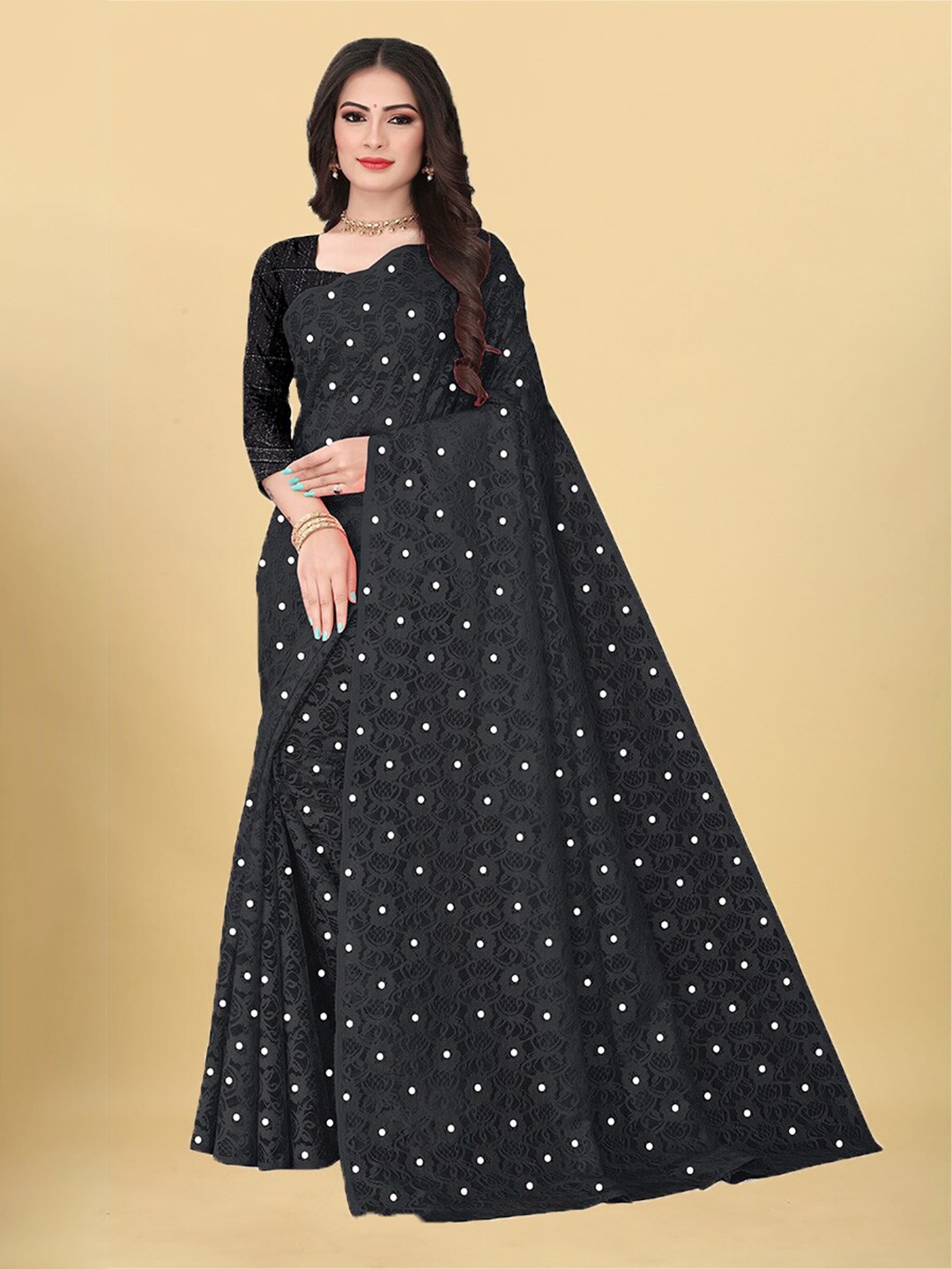 

UNITED LIBERTY Floral Woven Design Beads & Stones Brasso Saree, Black