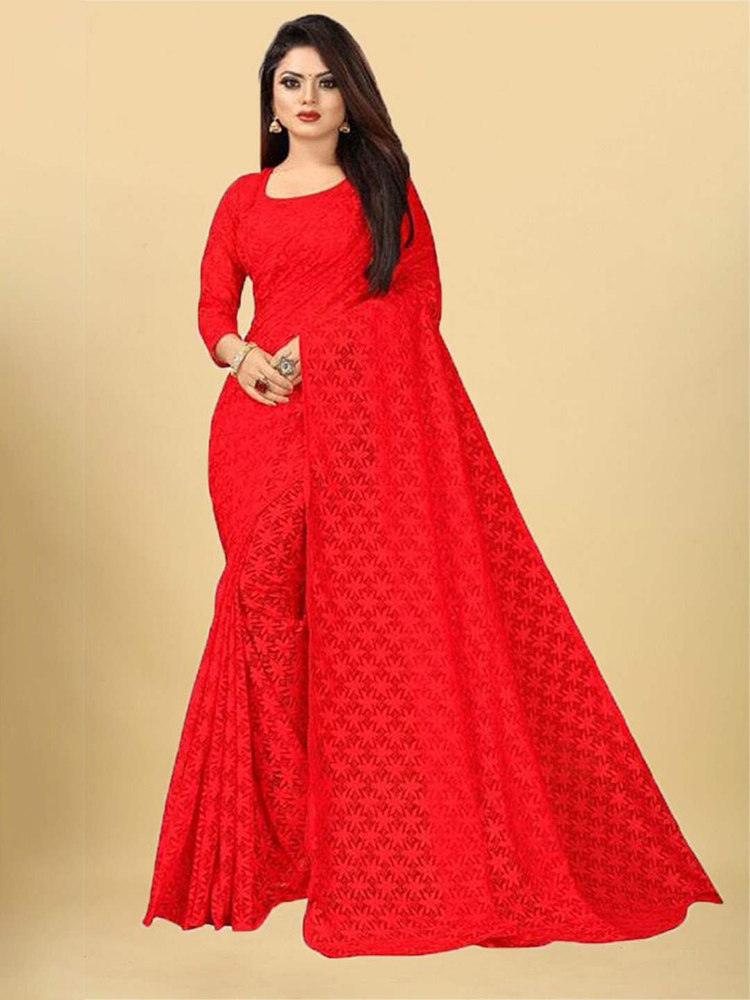 

UNITED LIBERTY Floral Woven Design Saree, Red