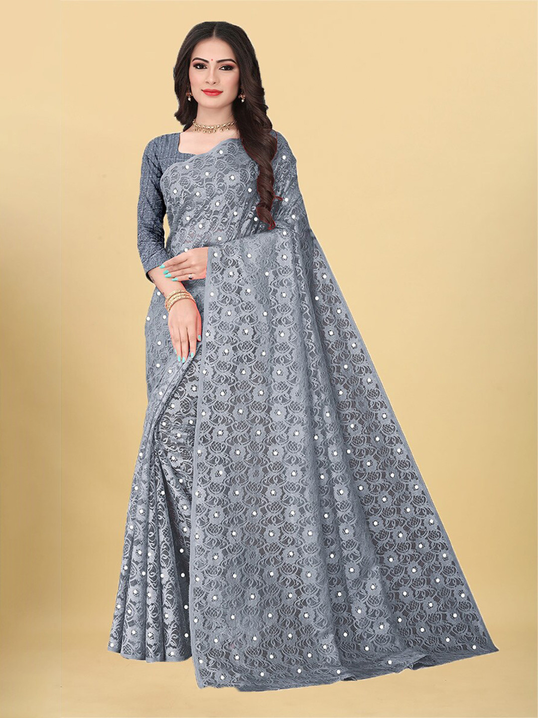 

UNITED LIBERTY Floral Woven Design Beads And Stones Saree, Grey