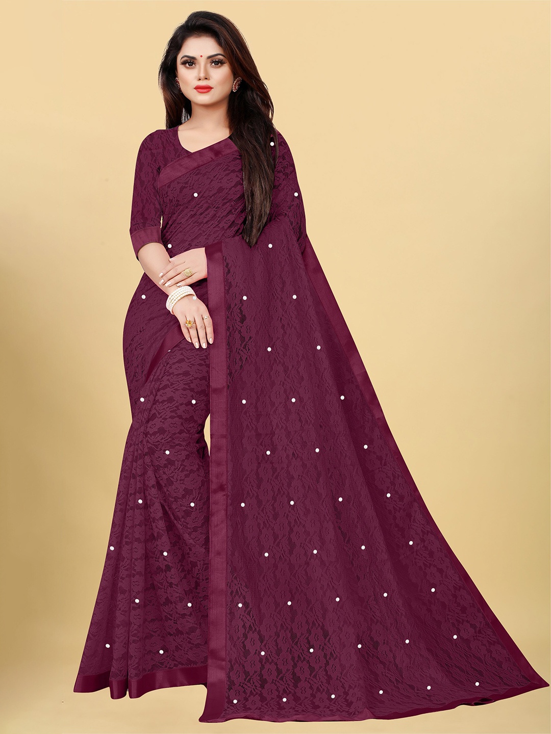 

UNITED LIBERTY Floral Beads And Stones Woven Design Saree, Purple