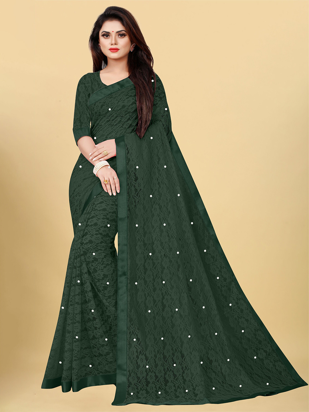 

UNITED LIBERTY Floral Beads And Stones Woven Design Saree, Green