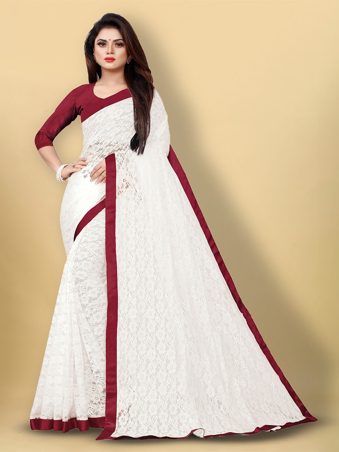 

UNITED LIBERTY Floral Woven Design Saree, White