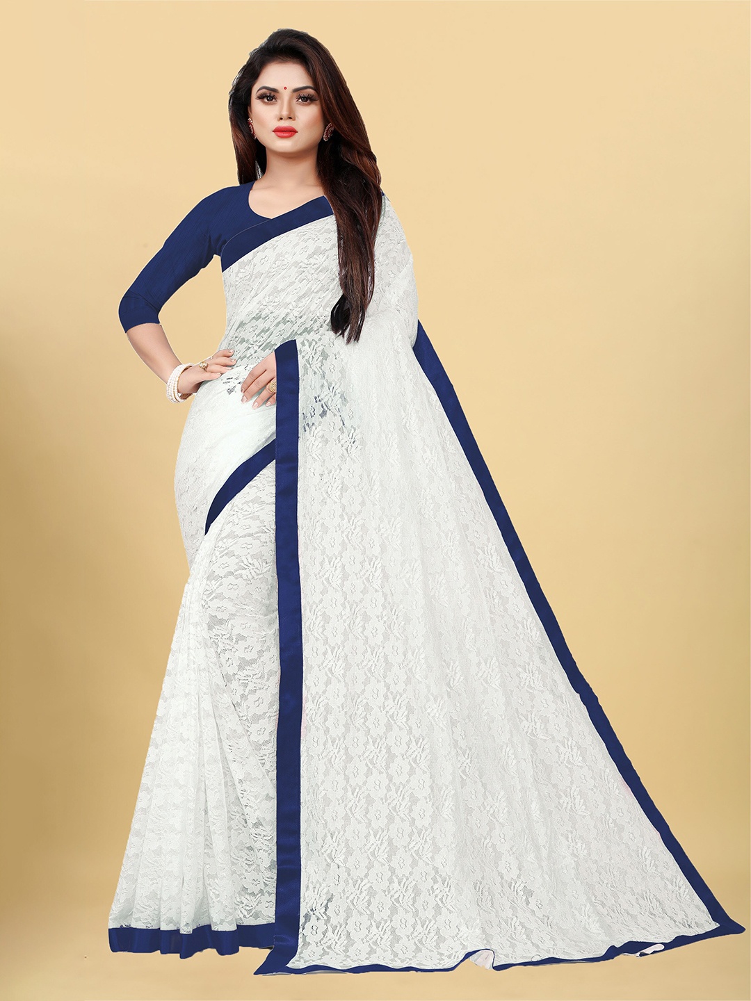 

UNITED LIBERTY Floral Woven Design Saree, White