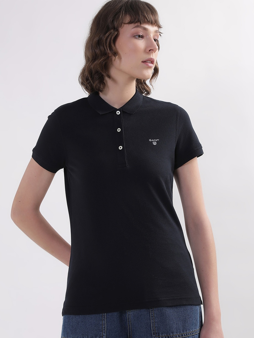

GANT Women Pure Cotton Polo Collar T-shirt, Black