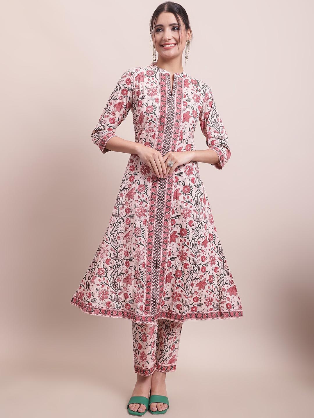 

KALINI Ethnic Motifs Printed Pure Cotton Kurta with Trousers, Pink