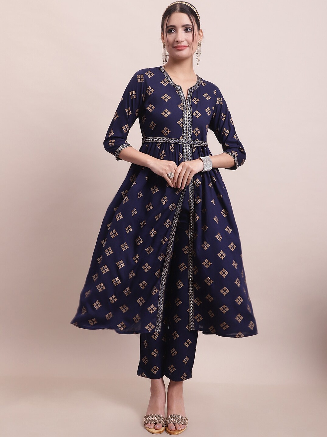 

KALINI Ethnic Motifs Embroidered Mirror Work Regular Kurta with Trousers, Navy blue