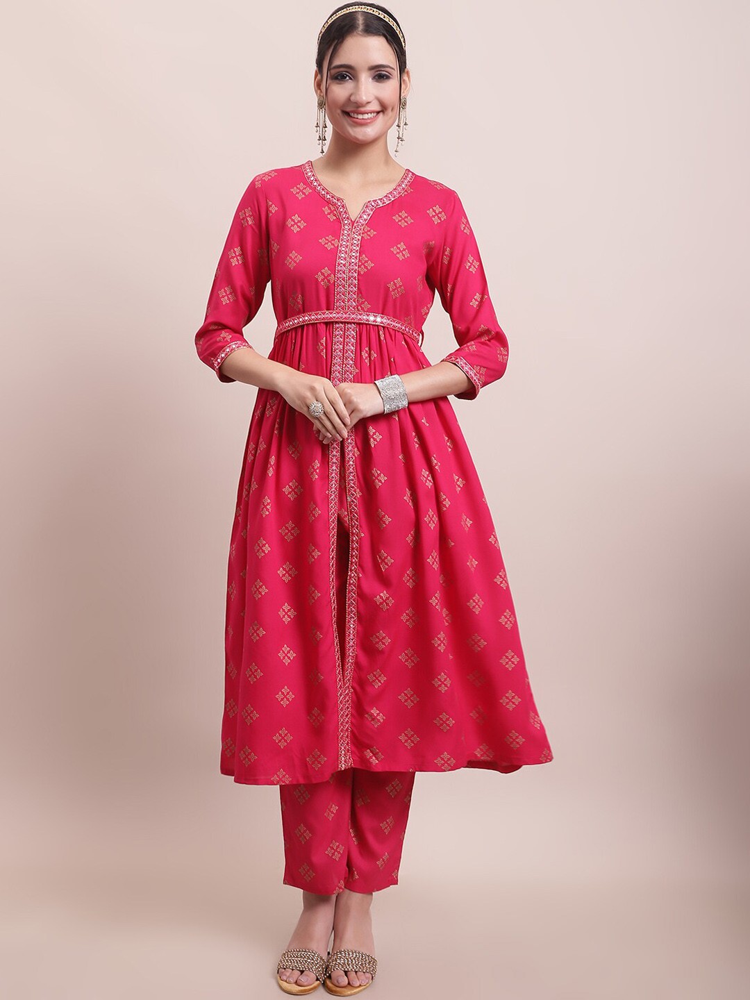 

KALINI Ethnic Motifs Printed Empire Kurta with Trousers, Pink