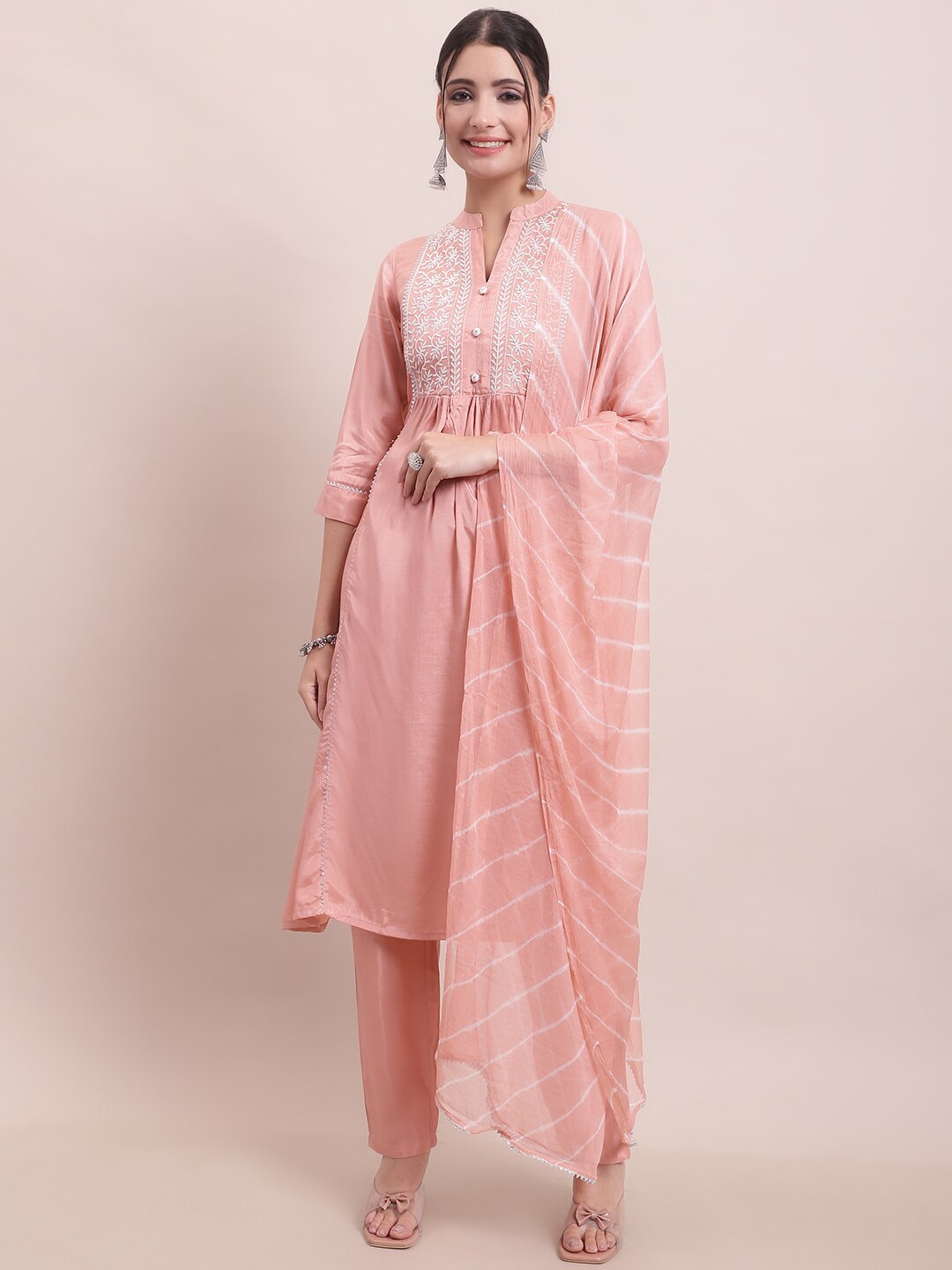

KALINI Ethnic Motifs Embroidered Angrakha Kurta with Trousers & Dupatta, Peach