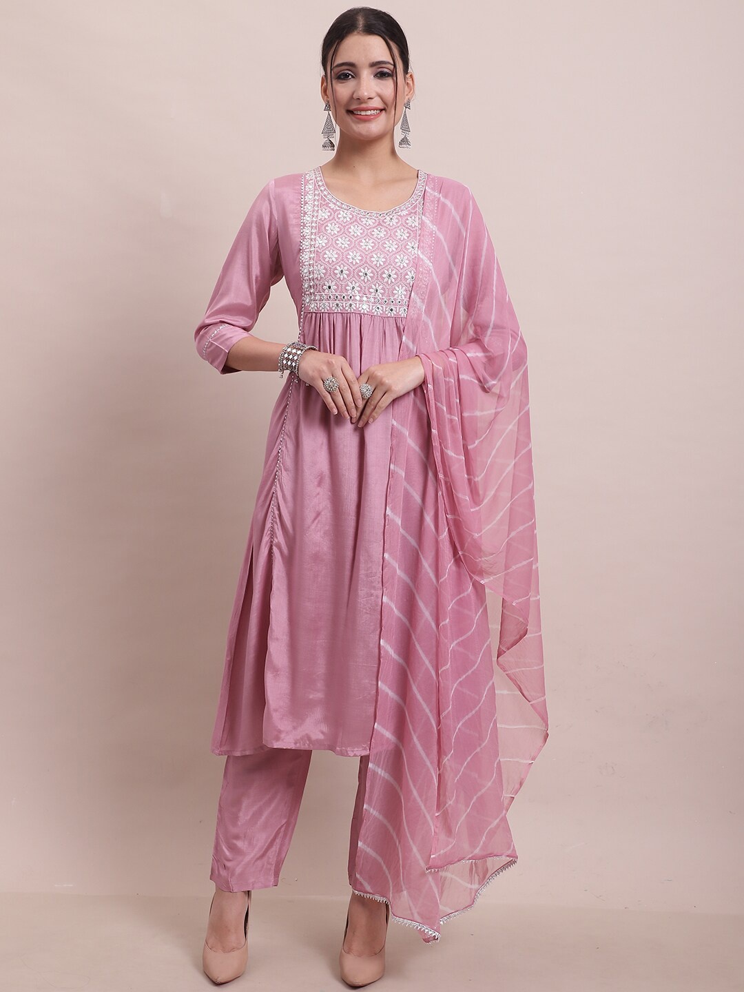 

KALINI Ethnic Motifs Embroidered Kurta with Trousers & Dupatta, Pink